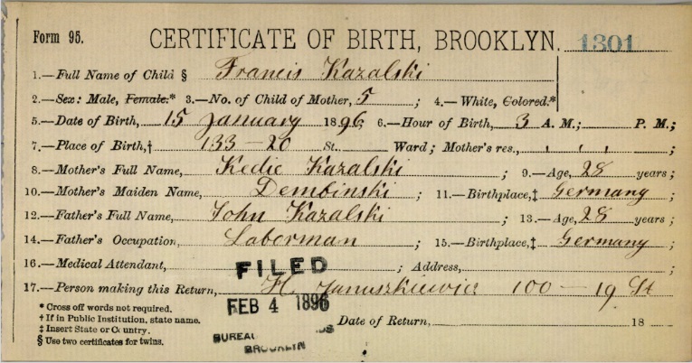 Francis Kazalski Birth Certificate