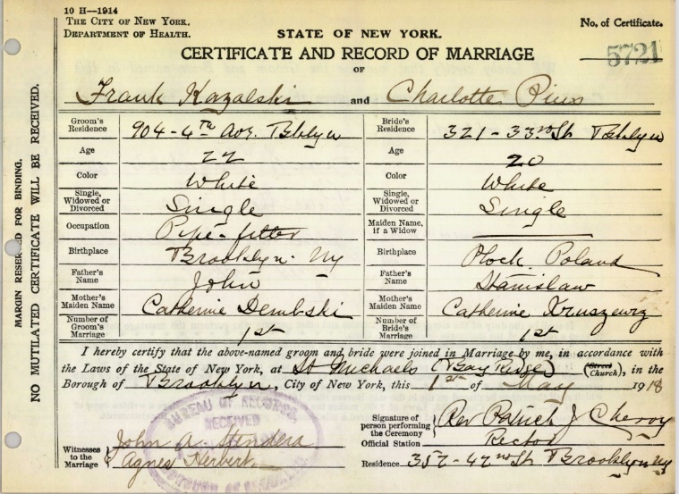 Francis Kazalski and Charlotte Pius Marriage Certificate