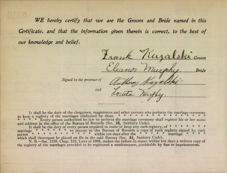 Francis Kazalski and Eleanor Murphy Marriage Certificate
