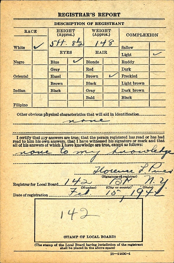 Frederick Nowasky's World War II Draft Registration Card