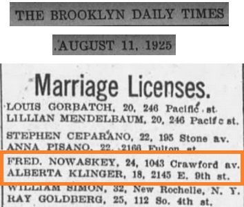 Frederick Nowasky and Alberta Klingler Marriage