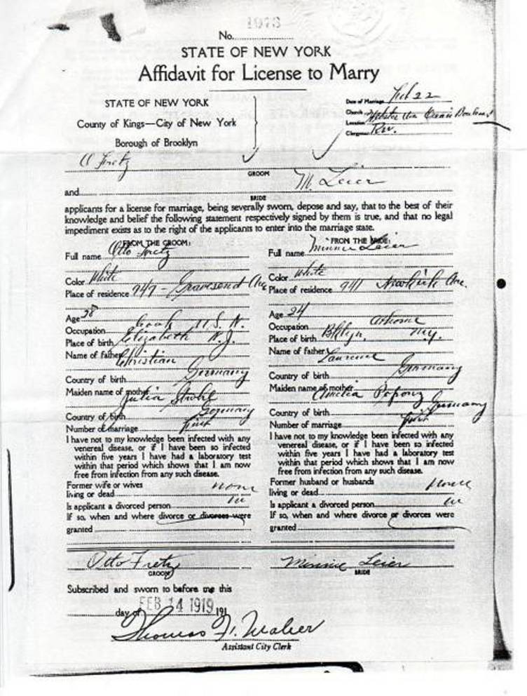 Affadavit for License to Marry for Otto Fretz and Minnie Leier