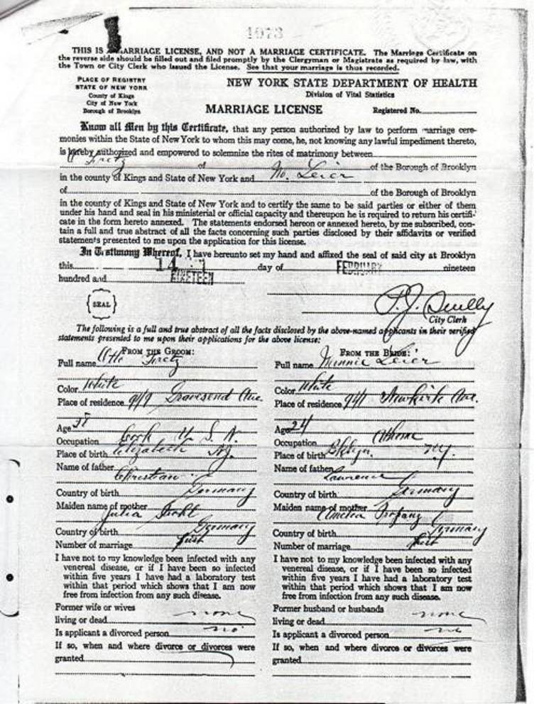 Marriage License for Otto Fretz and Minnie Leier