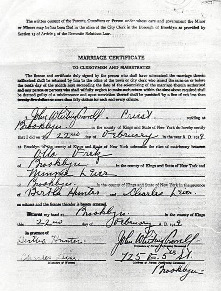 Marriage Certificate for Otto Fretz and Minnie Leier