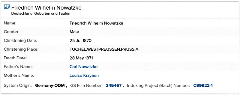 Friedrich Nowasky's Birth Record 2