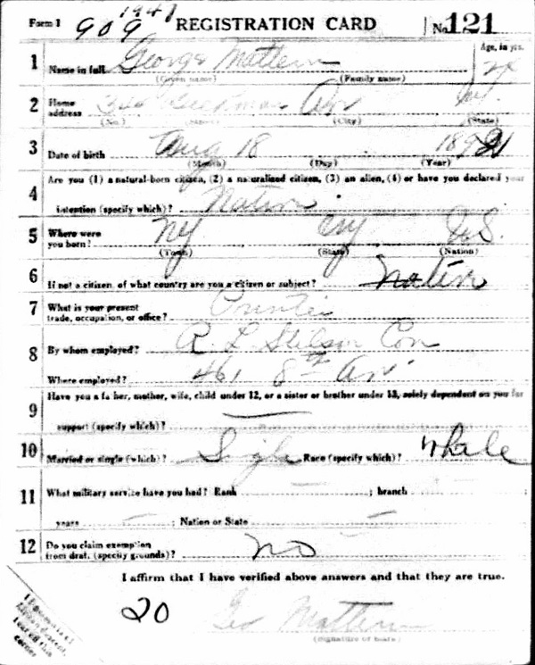 George Mattern WW1 Draft Registration