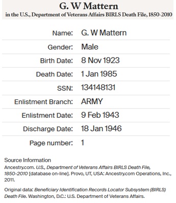 George Wade Mattern Military Service Record