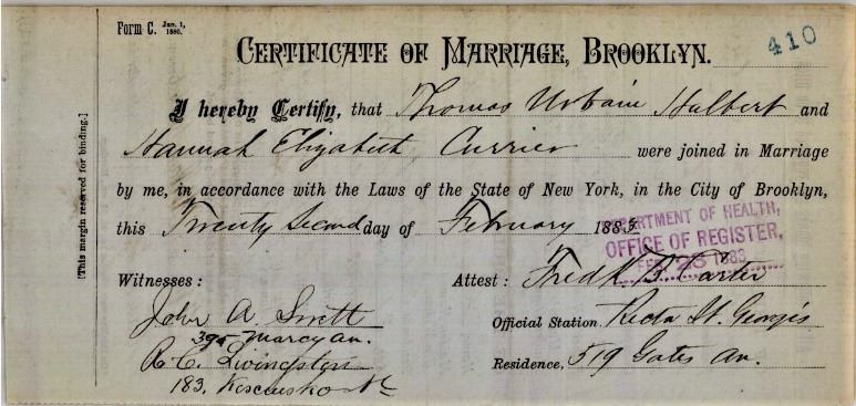 Hannah Currier and Thomas Urban Halbert Marriage Certificate