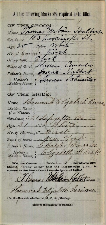 Hannah Currier and Thomas Urban Halbert Marriage Certificate