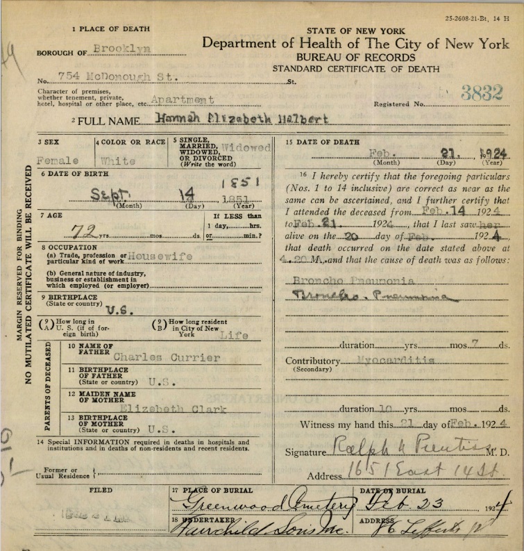 Hannah Currier Halbert's Certificate of Death
