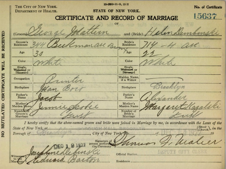 Helen Dembinski and George Mattern Marriage Certificate