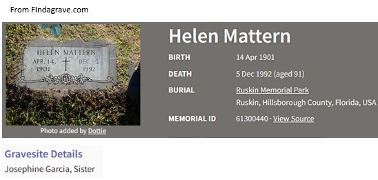 Helen Dembinski Mattern Cemetery Record