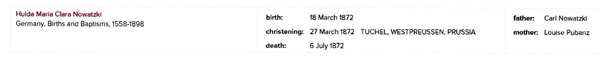 Hulda Nowasky's Birth and Death Record 1