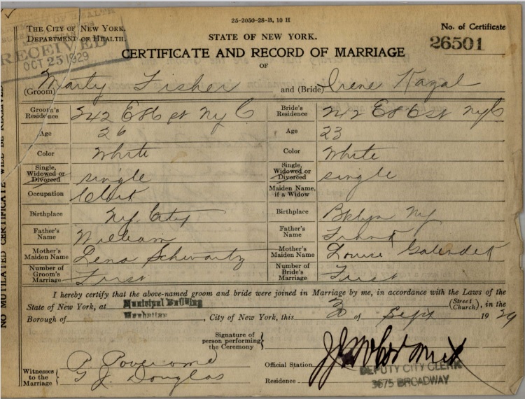 Irene Kazalski and Martin Fisher Marriage Certificate