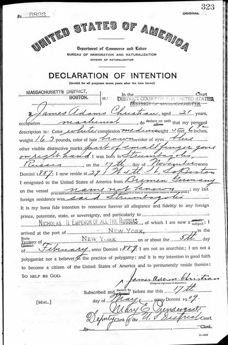 James A. Christian Sr. Naturalization Record