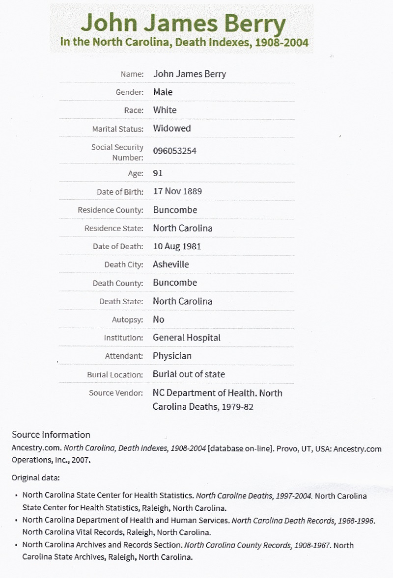 John James (Kazalski) Berry's Death Index