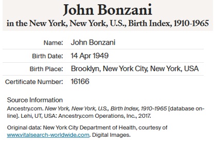 John Joseph Bonzani Birth Index