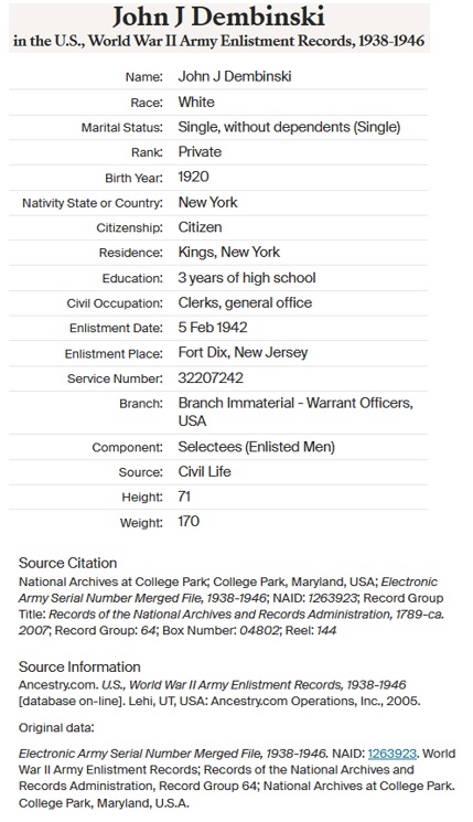 John J. Dembinski Jr. Military Service Record