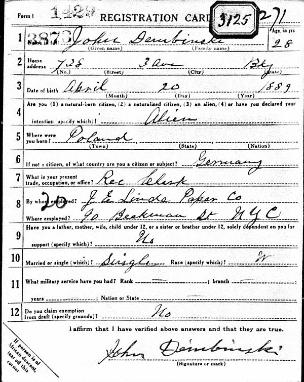 John Dembinski WW1 Draft Registration