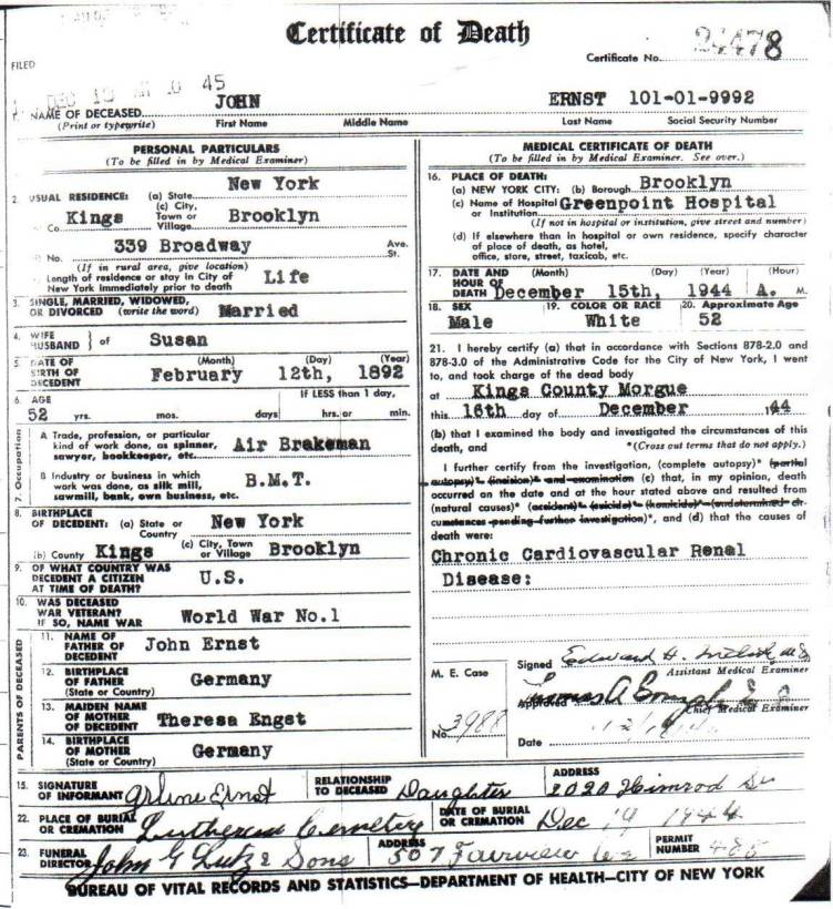 John Ernst's Certificate of Death