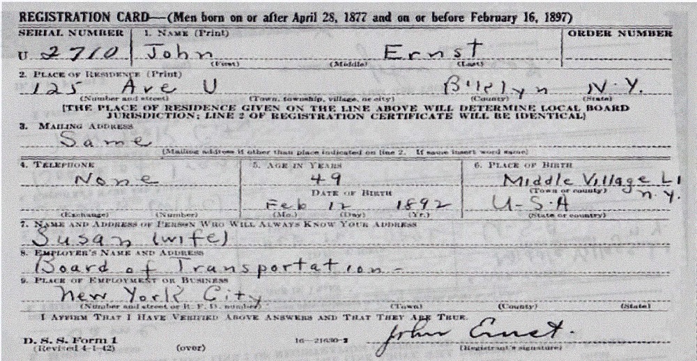 John Ernst's World War II Draft Registration Card