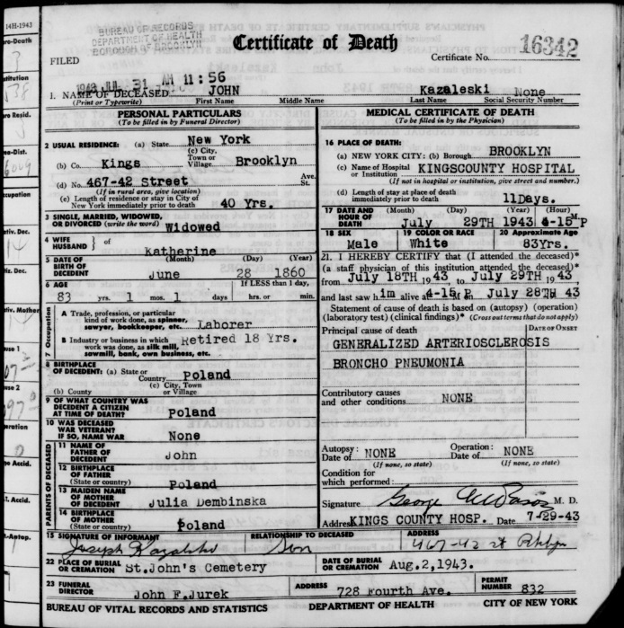 Johann James Kazalski Death Certificate
