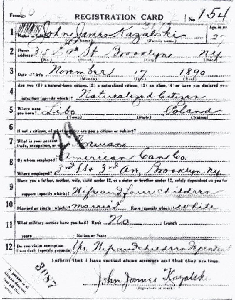 John J. Kazalski's World War I Draft Registration Card