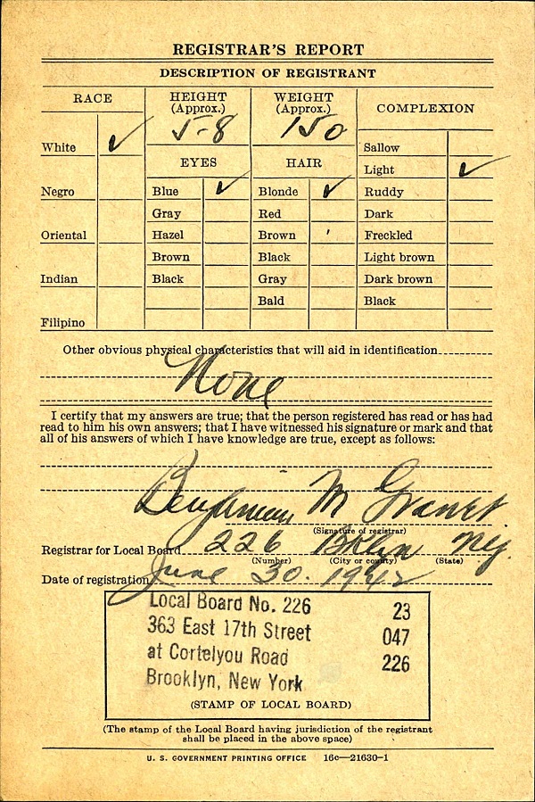 John V. Moran World War II Draft Registration