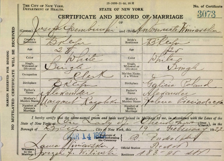 Joseph Dembinski and Antoinette Winiarski Marriage Certificate