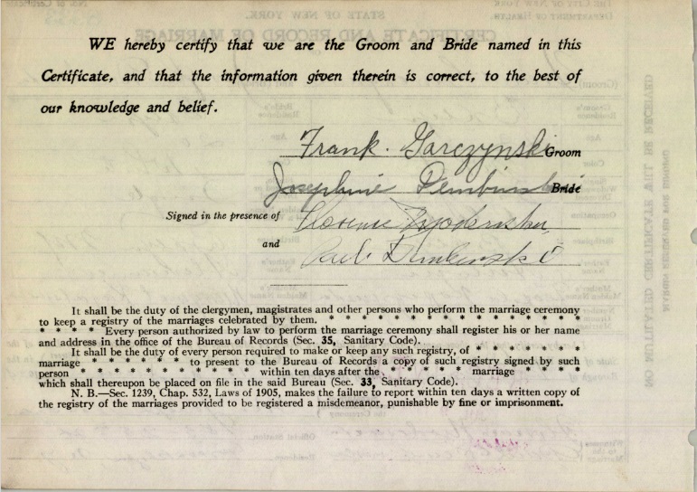 Josephine Dembinski and Frank Garczynski Marriage Certificate
