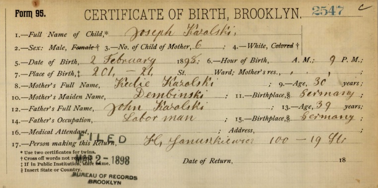 Joseph Kazalski Birth Certificate