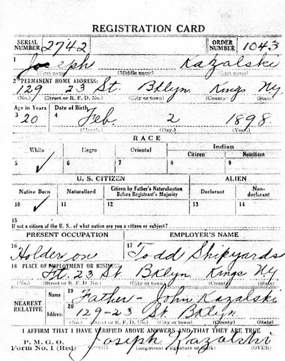 Joseph Kazmac (Kazalski) WW1 Draft Registration