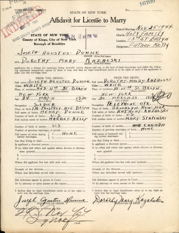 >Dorothy Kazalski and Joseph Dunne Marriage License