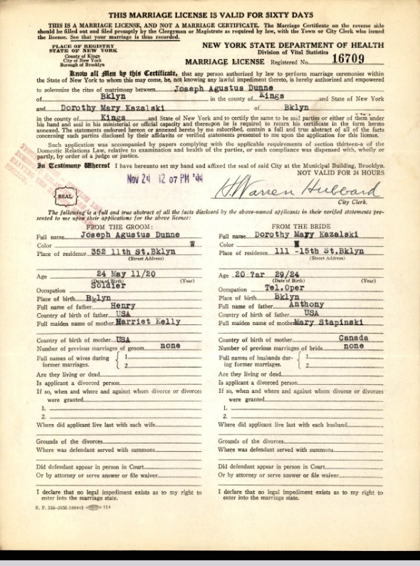 >Dorothy Kazalski and Joseph Dunne Marriage License