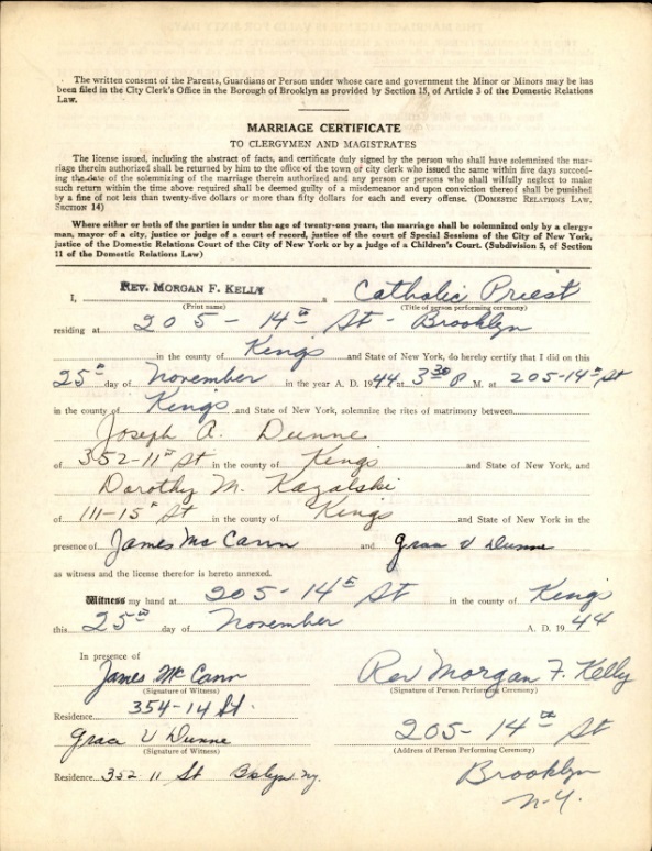 >Dorothy Kazalski and Joseph Dunne Marriage License