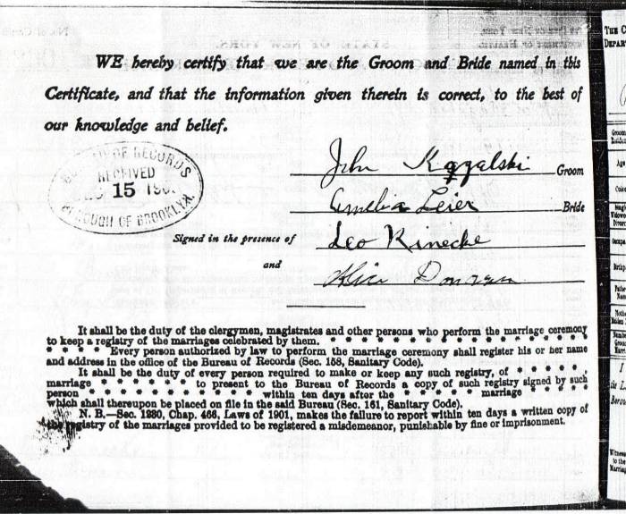 Certificate and Record of Marriage for John Kazalski, Jr. and Amelia Leier