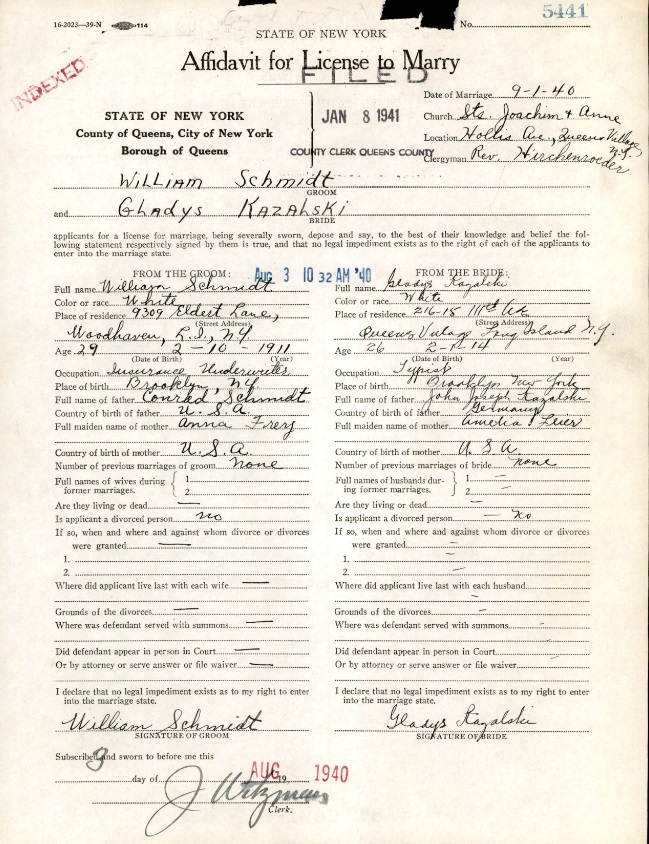 Gladys Kazalski and William Schmidt Marriage License