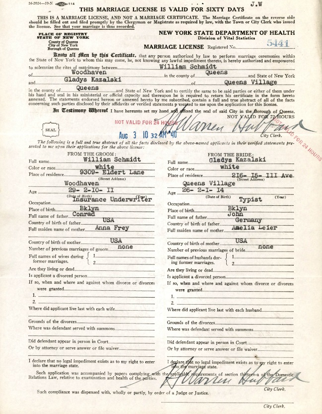 Gladys Kazalski and William Schmidt Marriage License