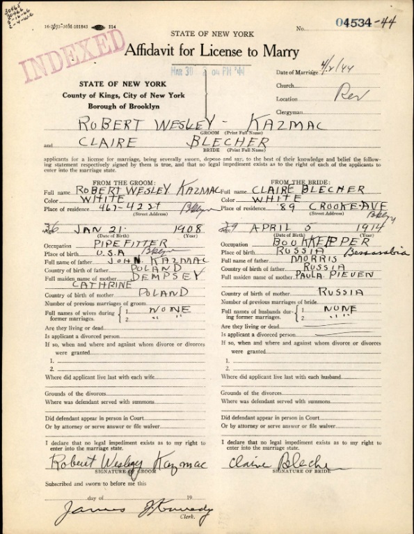 >Wesley Kazmac and Claire Belcher Marriage License