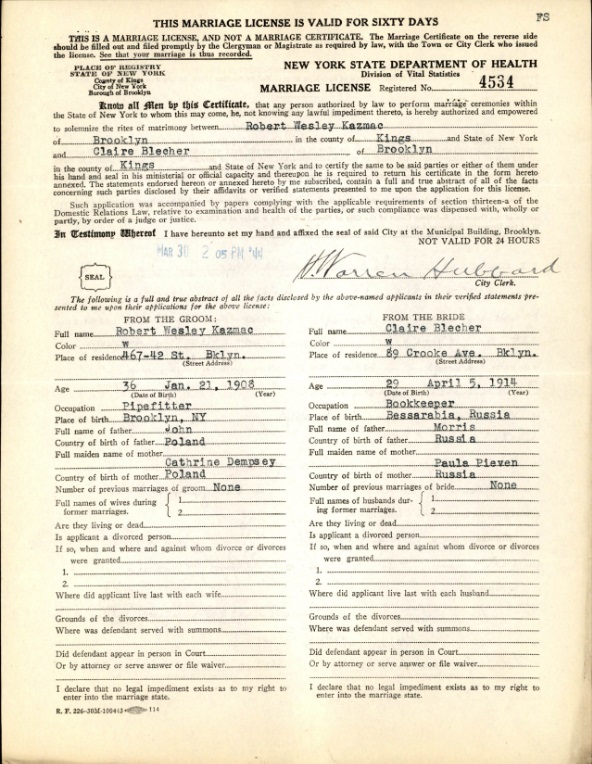 >Wesley Kazmac and Claire Belcher Marriage License