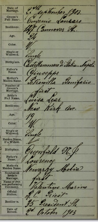 Certificate of Marriage for Ciro (Eugene) Lanzaro and Louisa Leier