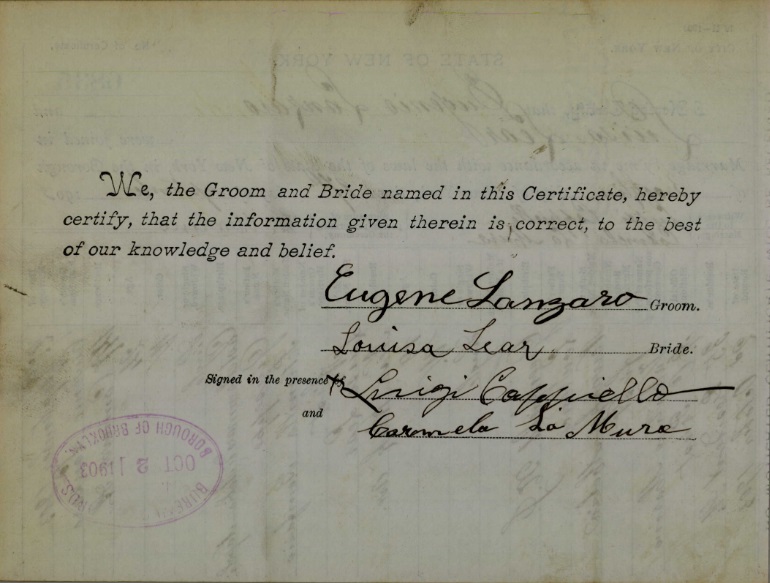 Certificate of Marriage for Ciro (Eugene) Lanzaro and Louisa Leier