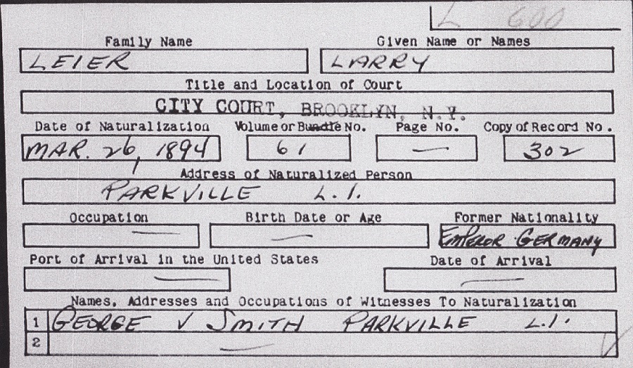 Longinus (Lawrence) Leier Naturalization Record
