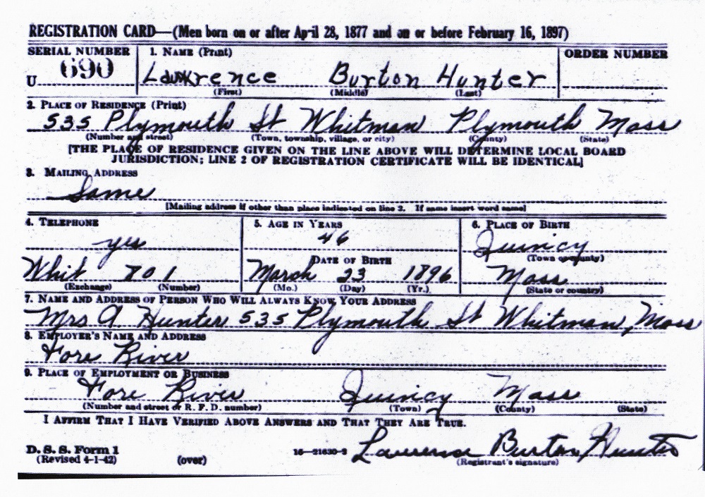 Laurence Burton Hunter's World War II Draft Registration Card