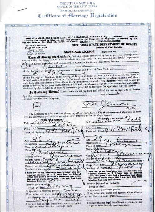 Certificate of Marriage Registration for William Leier and Lillian Fall
