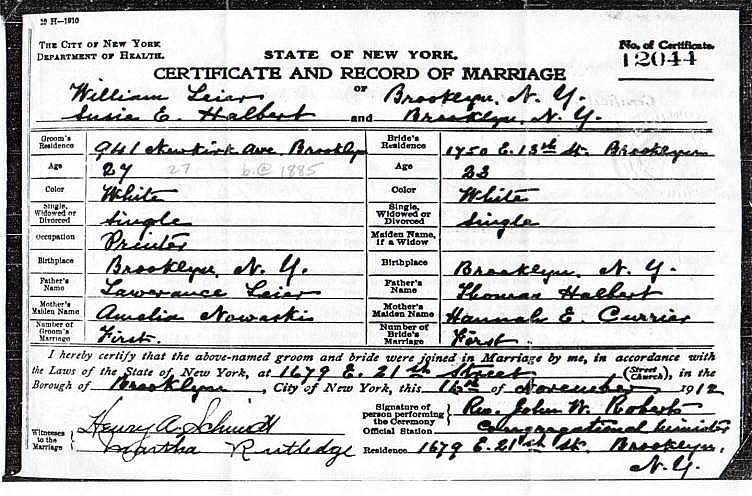 Certificate and Record of Marriage for William Leier and Susan Halbert