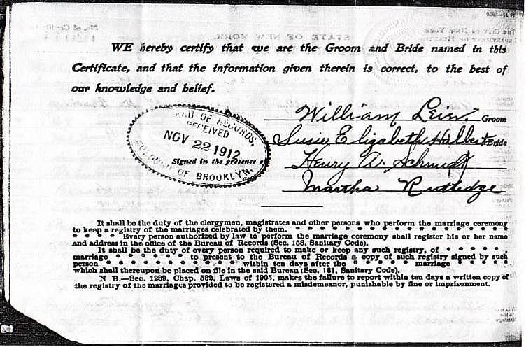 Certificate and Record of Marriage for William Leier and Susan Halbert