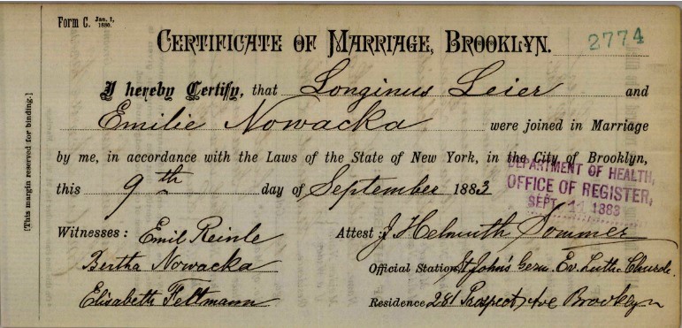 Certificate of Marriage for Lawrence Leier and Amelia Nowasky