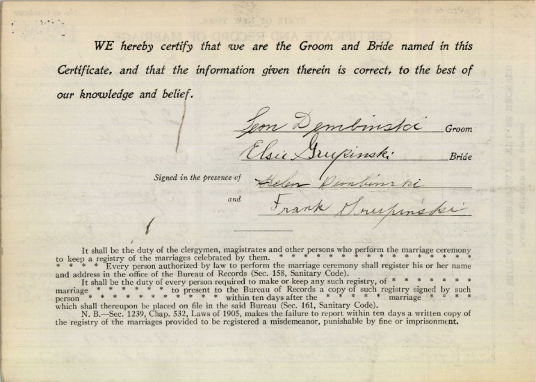 Leon Dembinski and Elsie Grupinska Marriage Certificate