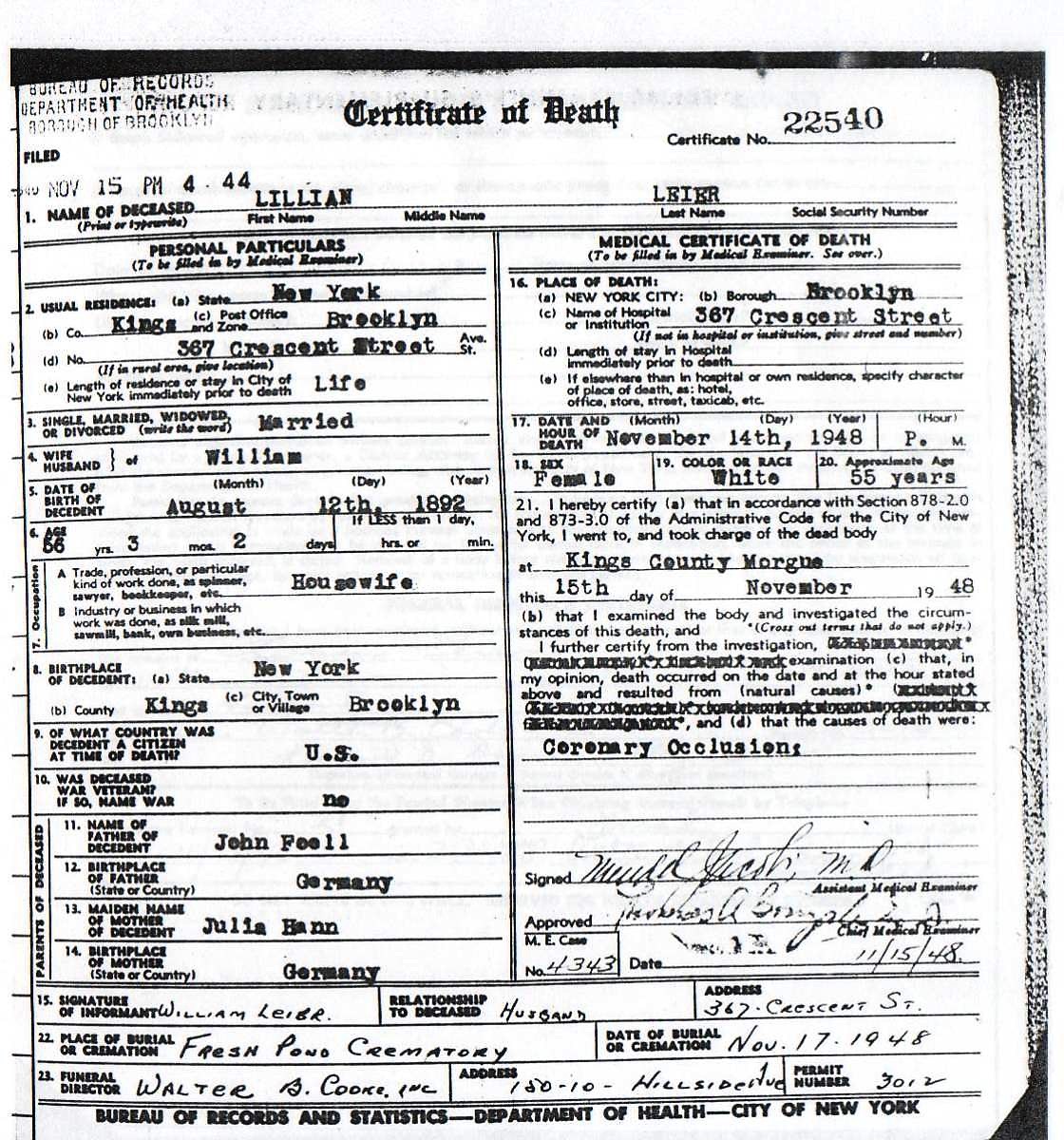 Lillian Fall Leier's Certificate of Death